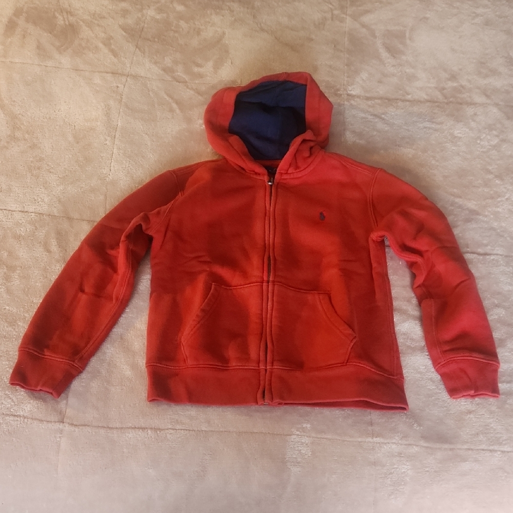 Polo Ralph Lauren Boys Zip Hoodie Red Navy Lined Size 7‎